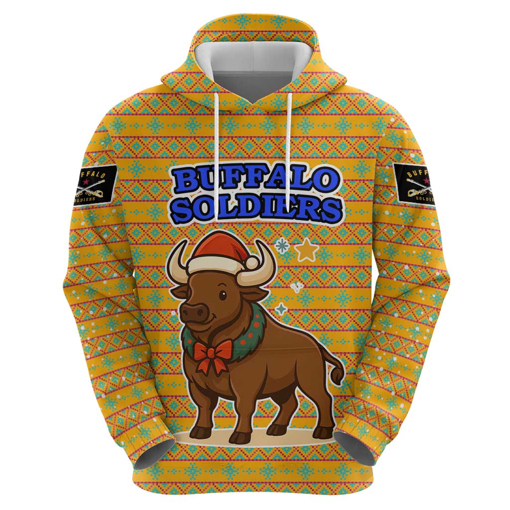 Buffalo Soldiers Christmas Zip Hoodie with Yellow Cartoon Buffalo Santa Hat Design - Wonder Print Shop