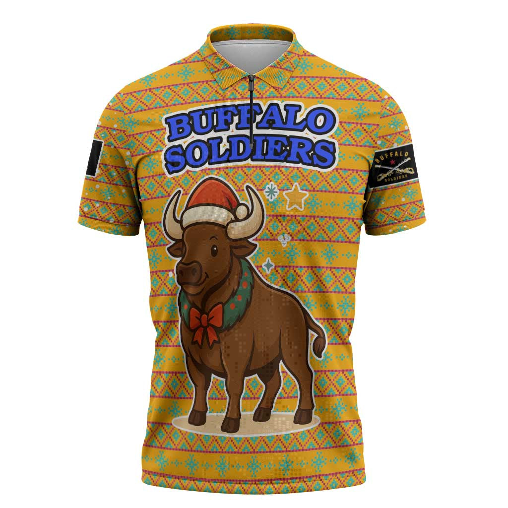 Buffalo Soldiers Christmas Zipper Polo Shirt with Yellow Cartoon Buffalo Santa Hat Design - Wonder Print Shop