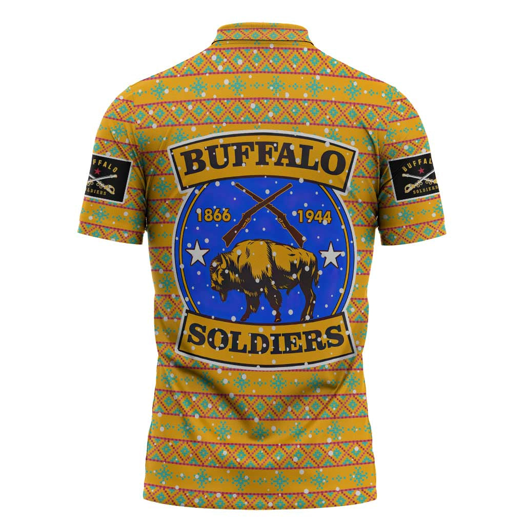 Buffalo Soldiers Christmas Zipper Polo Shirt with Yellow Cartoon Buffalo Santa Hat Design - Wonder Print Shop