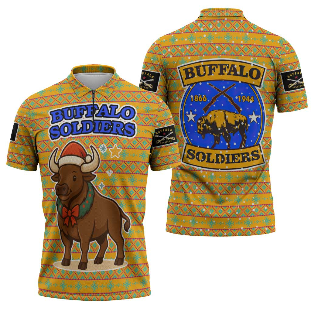 Buffalo Soldiers Christmas Zipper Polo Shirt with Yellow Cartoon Buffalo Santa Hat Design - Wonder Print Shop