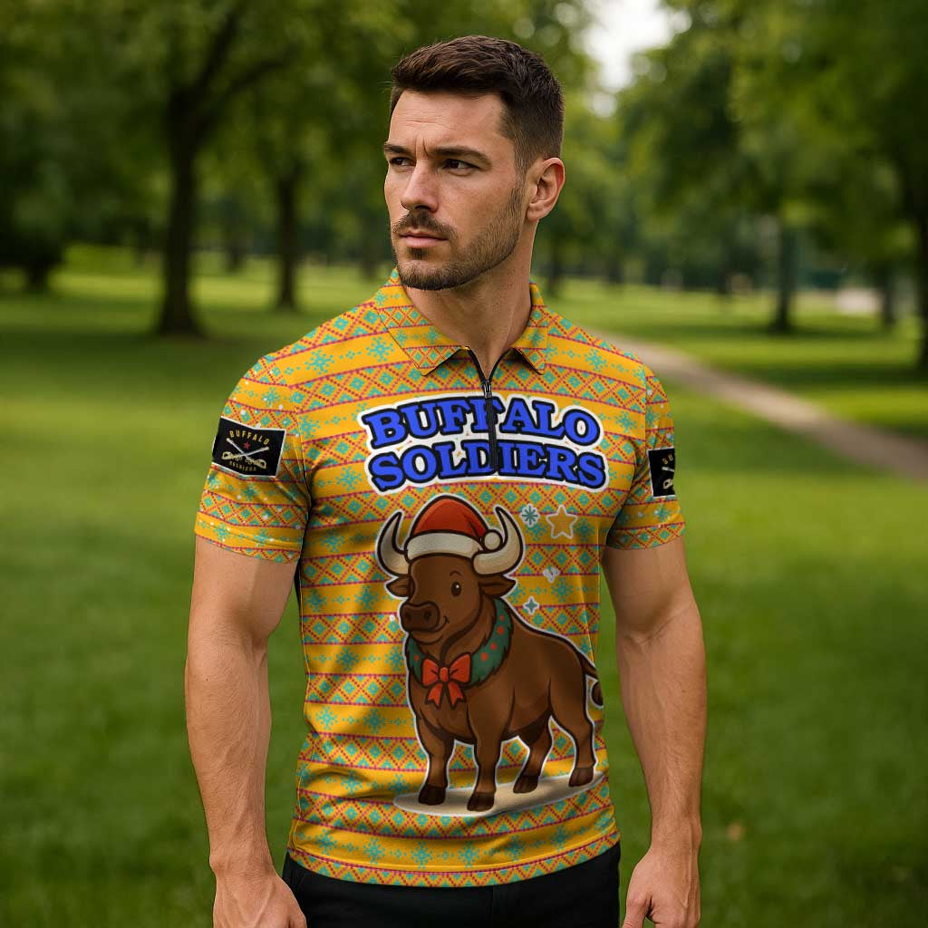 Buffalo Soldiers Christmas Zipper Polo Shirt with Yellow Cartoon Buffalo Santa Hat Design - Wonder Print Shop