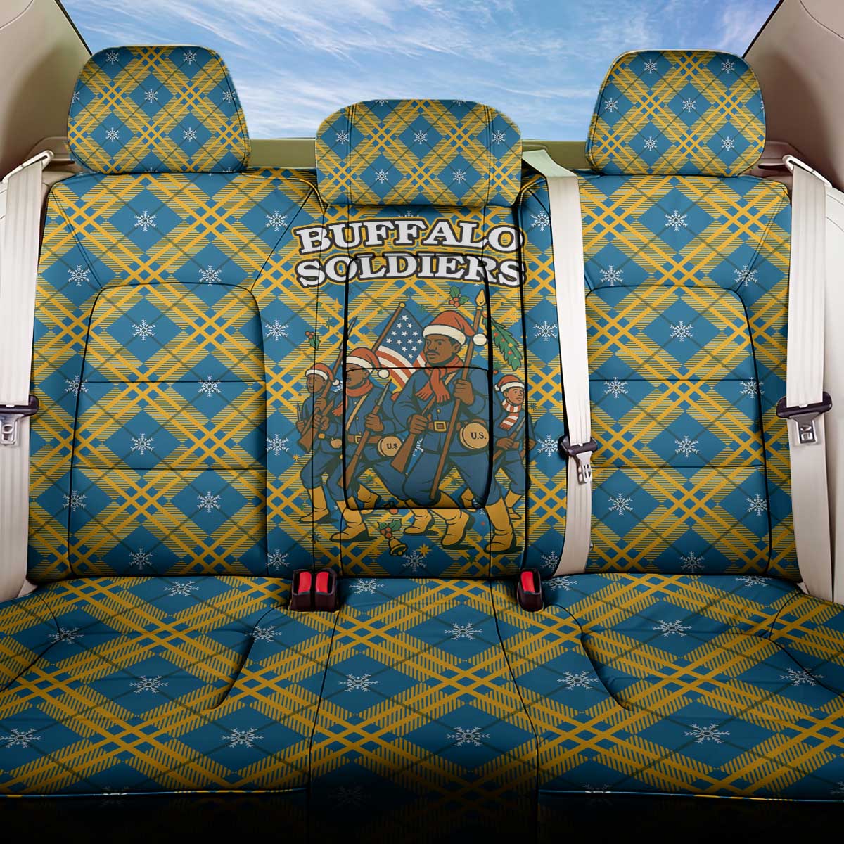 Buffalo Soldiers Christmas Back Car Seat Cover with Blue Yellow Plaid Parade Illustration Design - Wonder Print Shop