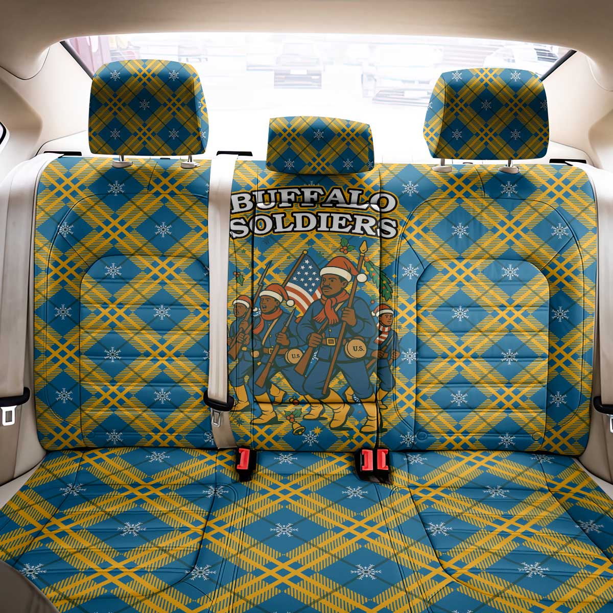 Buffalo Soldiers Christmas Back Car Seat Cover with Blue Yellow Plaid Parade Illustration Design - Wonder Print Shop