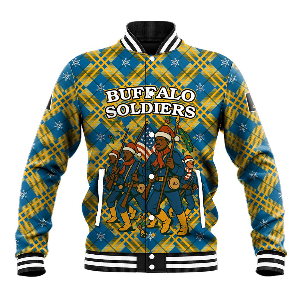 Buffalo Soldiers Christmas Baseball Jacket with Blue Yellow Plaid Parade Illustration Design - Wonder Print Shop