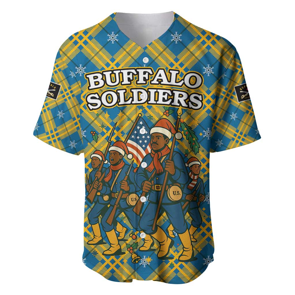 Buffalo Soldiers Christmas Baseball Jersey with Blue Yellow Plaid Parade Illustration Design - Wonder Print Shop