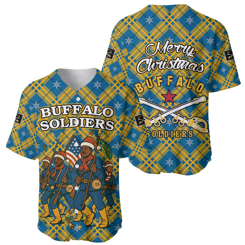 Buffalo Soldiers Christmas Baseball Jersey with Blue Yellow Plaid Parade Illustration Design - Wonder Print Shop