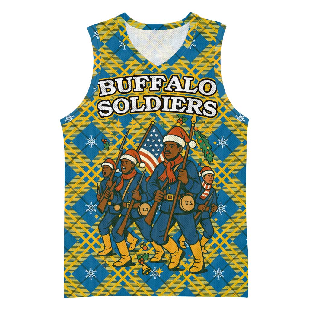 Buffalo Soldiers Christmas Basketball Jersey with Blue Yellow Plaid Parade Illustration Design - Wonder Print Shop