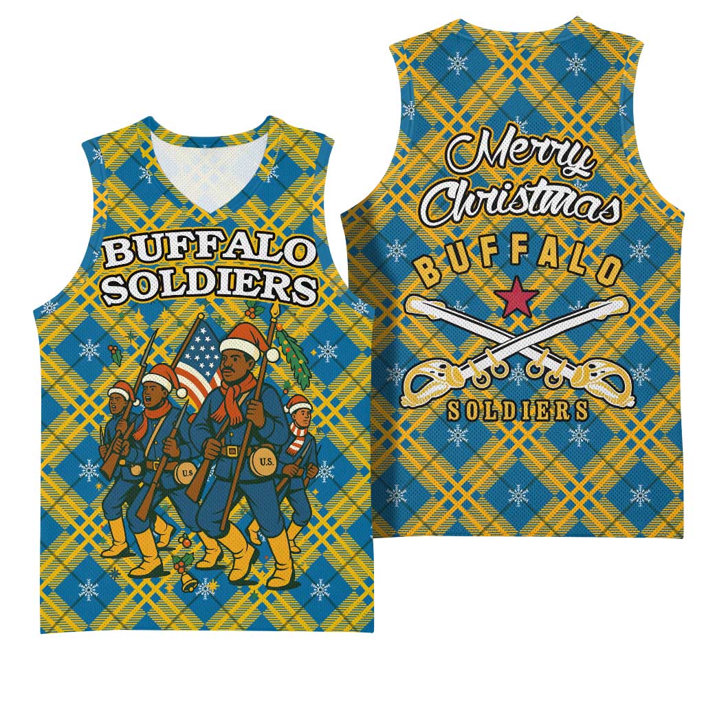 Buffalo Soldiers Christmas Basketball Jersey with Blue Yellow Plaid Parade Illustration Design - Wonder Print Shop