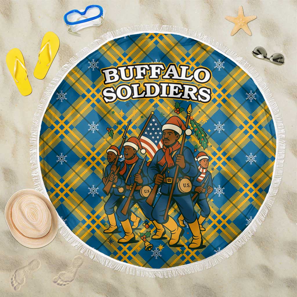 Buffalo Soldiers Christmas Beach Blanket with Blue Yellow Plaid Parade Illustration Design - Wonder Print Shop