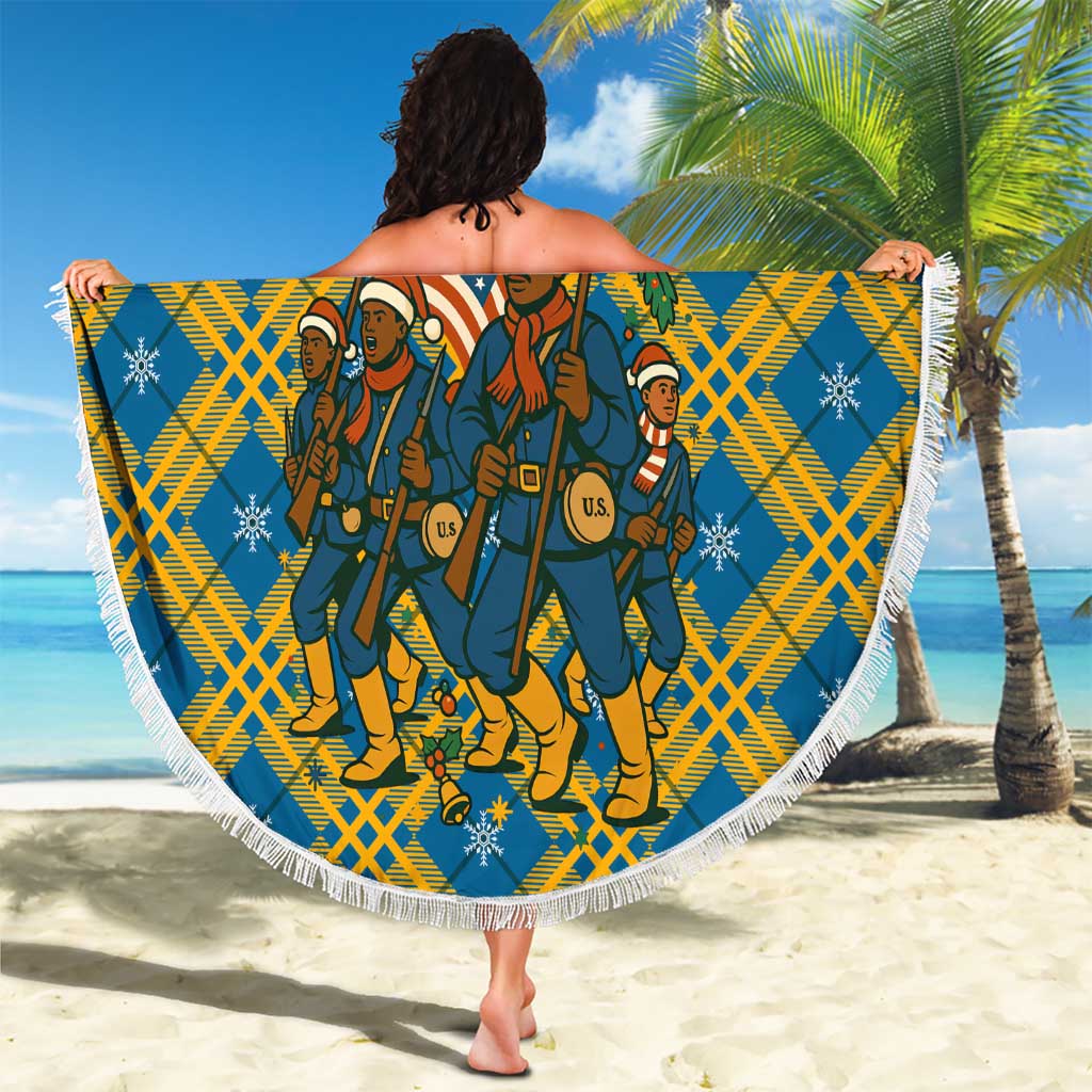 Buffalo Soldiers Christmas Beach Blanket with Blue Yellow Plaid Parade Illustration Design - Wonder Print Shop