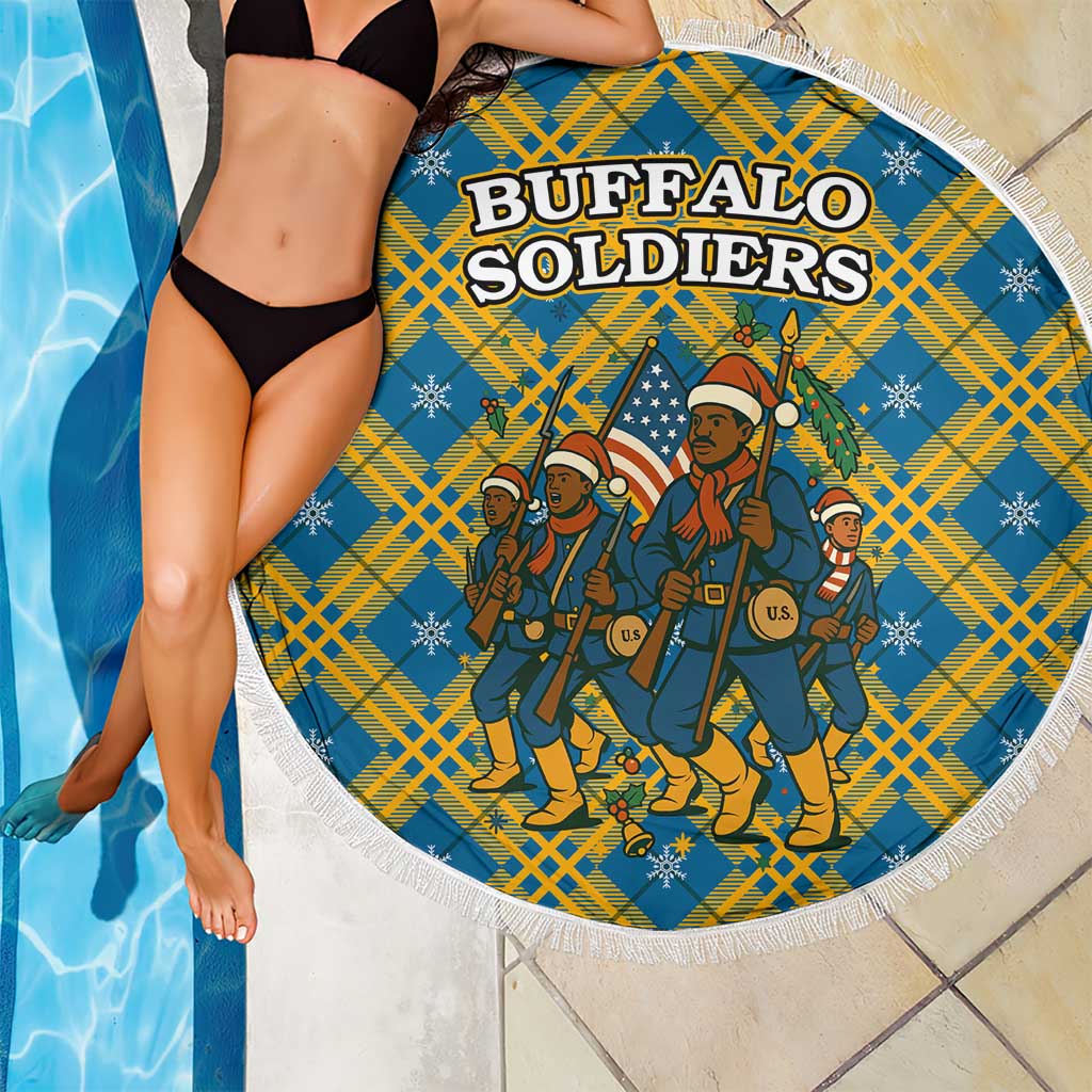 Buffalo Soldiers Christmas Beach Blanket with Blue Yellow Plaid Parade Illustration Design - Wonder Print Shop