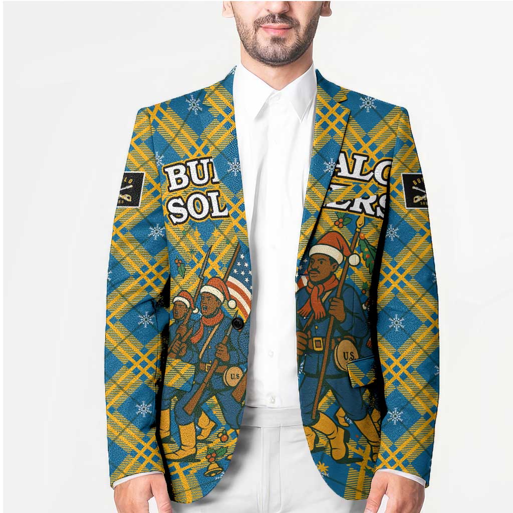 Buffalo Soldiers Christmas Blazer with Blue Yellow Plaid Parade Illustration Design - Wonder Print Shop