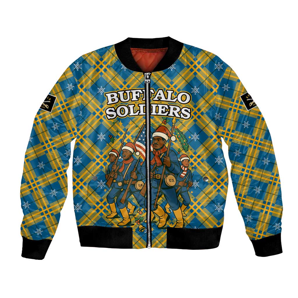Buffalo Soldiers Christmas Bomber Jacket with Blue Yellow Plaid Parade Illustration Design - Wonder Print Shop