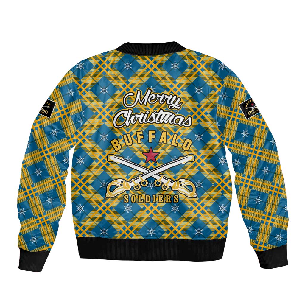 Buffalo Soldiers Christmas Bomber Jacket with Blue Yellow Plaid Parade Illustration Design - Wonder Print Shop