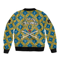 Buffalo Soldiers Christmas Bomber Jacket with Blue Yellow Plaid Parade Illustration Design - Wonder Print Shop