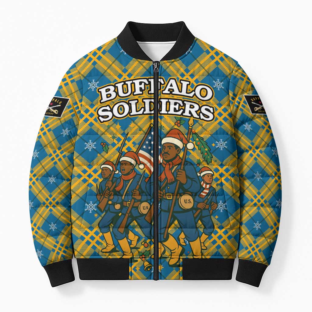 Buffalo Soldiers Christmas Bomber Puffer Jacket with Blue Yellow Plaid Parade Illustration Design - Wonder Print Shop
