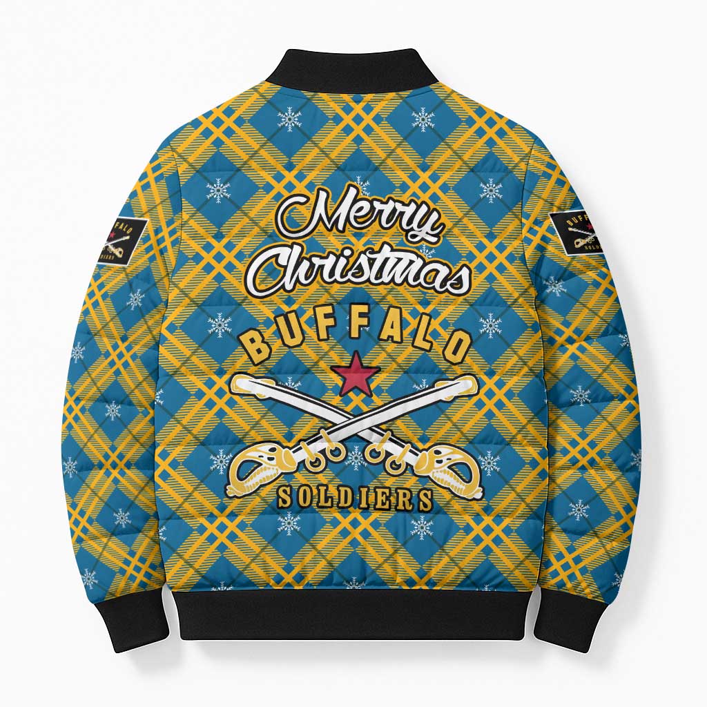 Buffalo Soldiers Christmas Bomber Puffer Jacket with Blue Yellow Plaid Parade Illustration Design - Wonder Print Shop