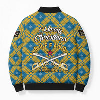 Buffalo Soldiers Christmas Bomber Puffer Jacket with Blue Yellow Plaid Parade Illustration Design - Wonder Print Shop