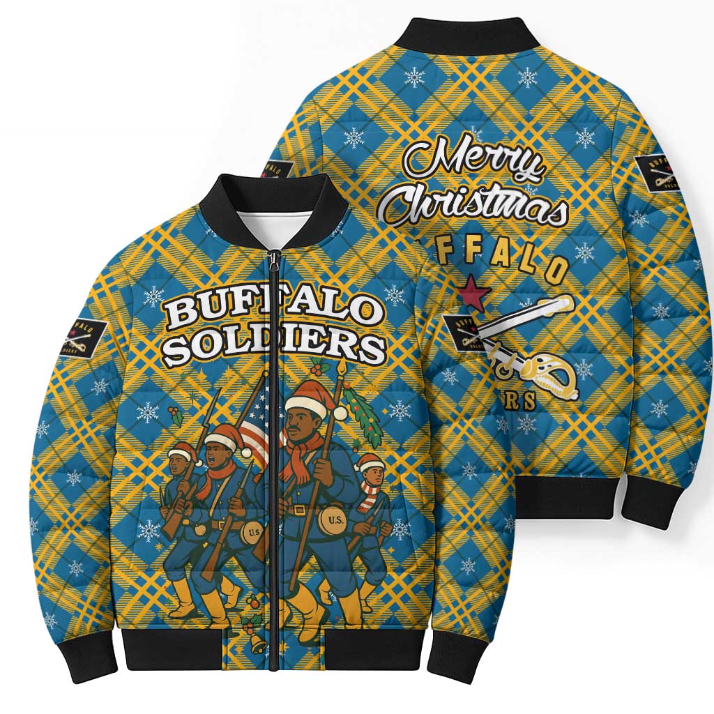 Buffalo Soldiers Christmas Bomber Puffer Jacket with Blue Yellow Plaid Parade Illustration Design - Wonder Print Shop