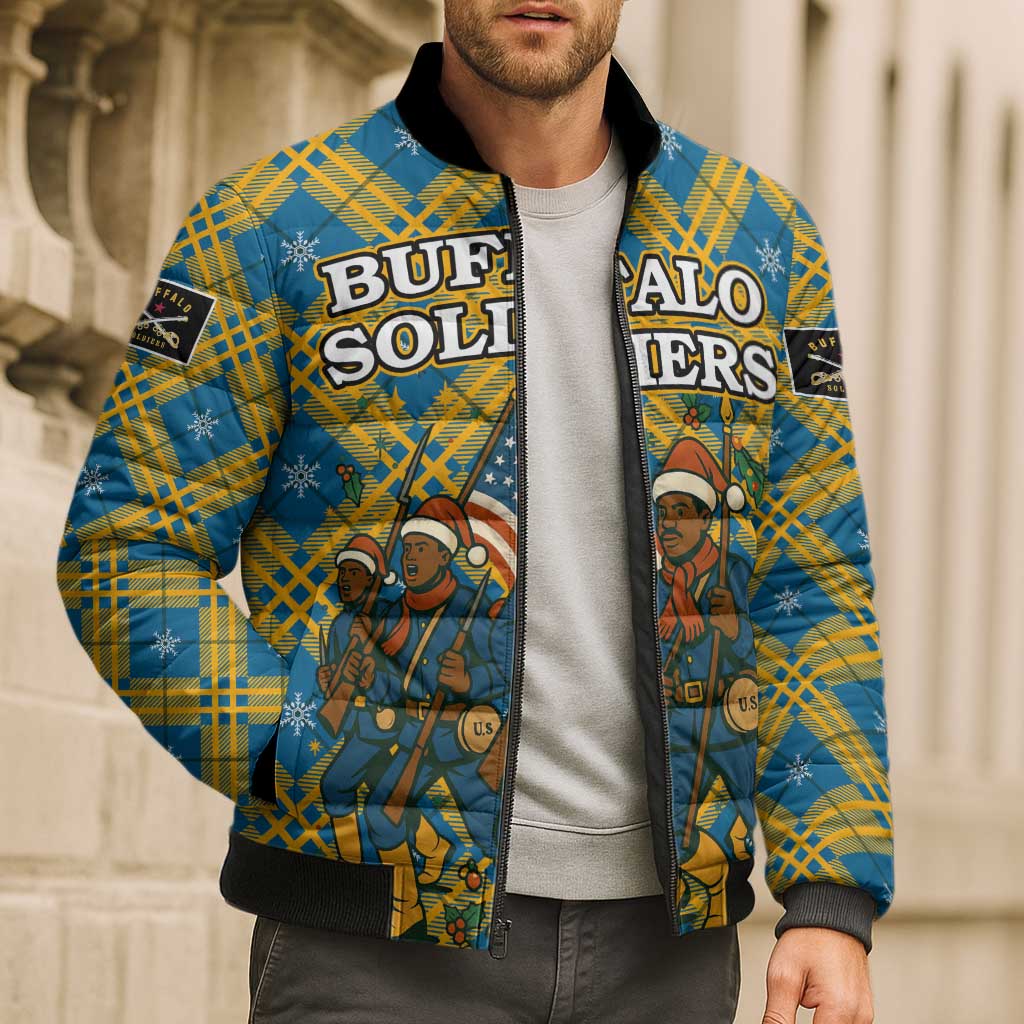 Buffalo Soldiers Christmas Bomber Puffer Jacket with Blue Yellow Plaid Parade Illustration Design - Wonder Print Shop