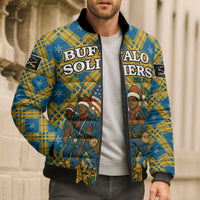 Buffalo Soldiers Christmas Bomber Puffer Jacket with Blue Yellow Plaid Parade Illustration Design - Wonder Print Shop