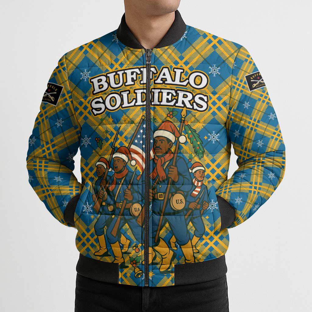 Buffalo Soldiers Christmas Bomber Puffer Jacket with Blue Yellow Plaid Parade Illustration Design - Wonder Print Shop