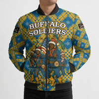 Buffalo Soldiers Christmas Bomber Puffer Jacket with Blue Yellow Plaid Parade Illustration Design - Wonder Print Shop