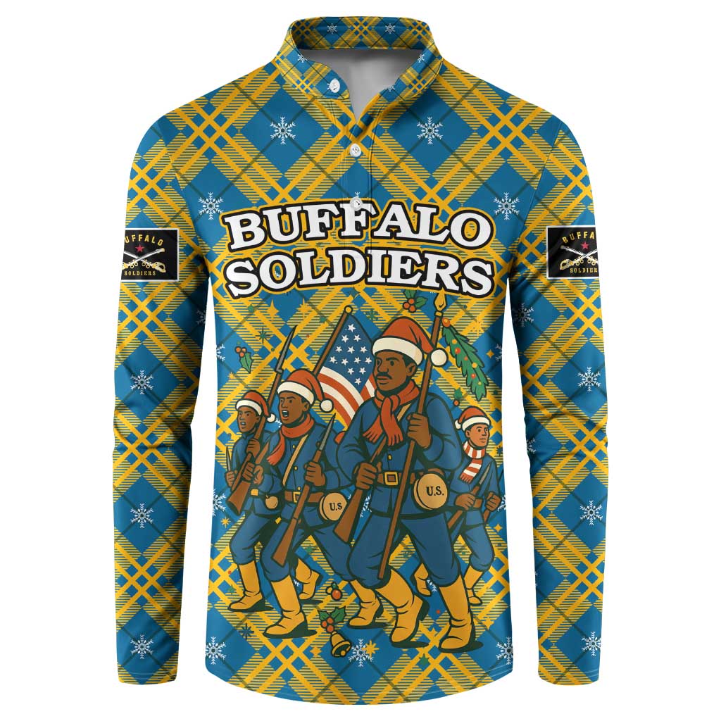 Buffalo Soldiers Christmas Button Sweatshirt with Blue Yellow Plaid Parade Illustration Design - Wonder Print Shop