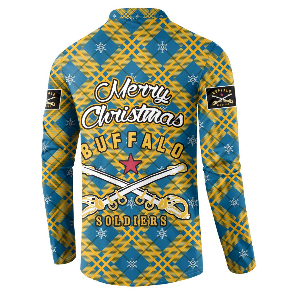 Buffalo Soldiers Christmas Button Sweatshirt with Blue Yellow Plaid Parade Illustration Design - Wonder Print Shop