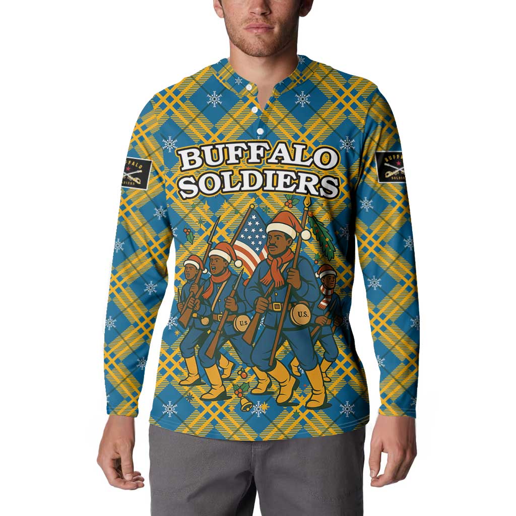 Buffalo Soldiers Christmas Button Sweatshirt with Blue Yellow Plaid Parade Illustration Design - Wonder Print Shop