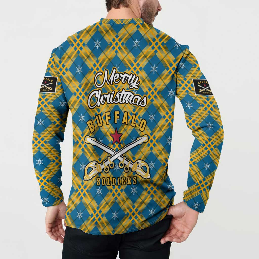 Buffalo Soldiers Christmas Button Sweatshirt with Blue Yellow Plaid Parade Illustration Design - Wonder Print Shop