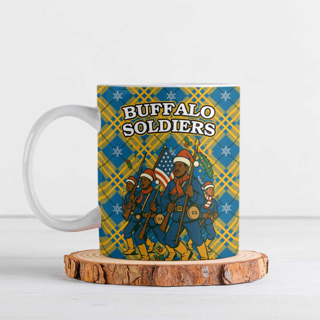 Buffalo Soldiers Christmas Ceramic Mug with Blue Yellow Plaid Parade Illustration Design - Wonder Print Shop