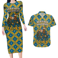 Buffalo Soldiers Christmas Couples Matching Long Sleeve Bodycon Dress and Hawaiian Shirt with Blue Yellow Plaid Parade Illustration Design - Wonder Print Shop
