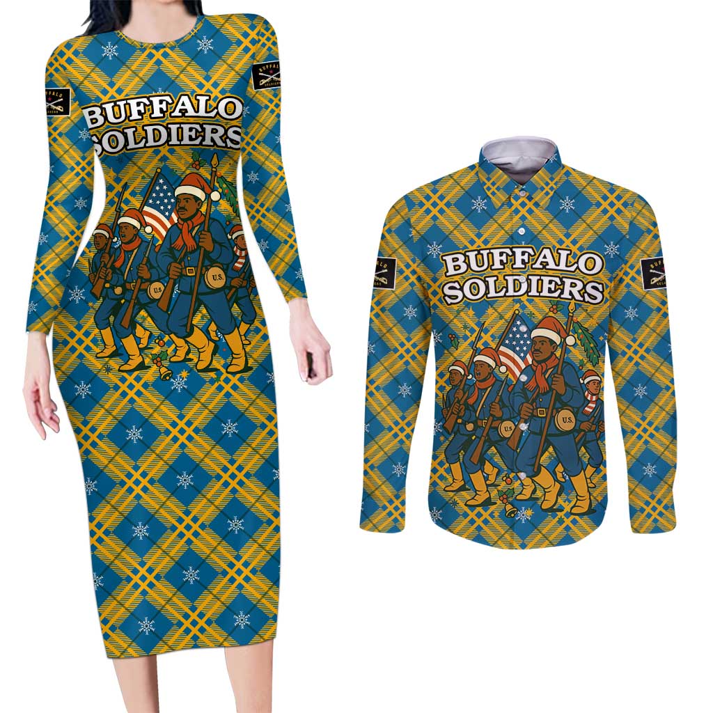 Buffalo Soldiers Christmas Couples Matching Long Sleeve Bodycon Dress and Long Sleeve Button Shirt with Blue Yellow Plaid Parade Illustration Design - Wonder Print Shop