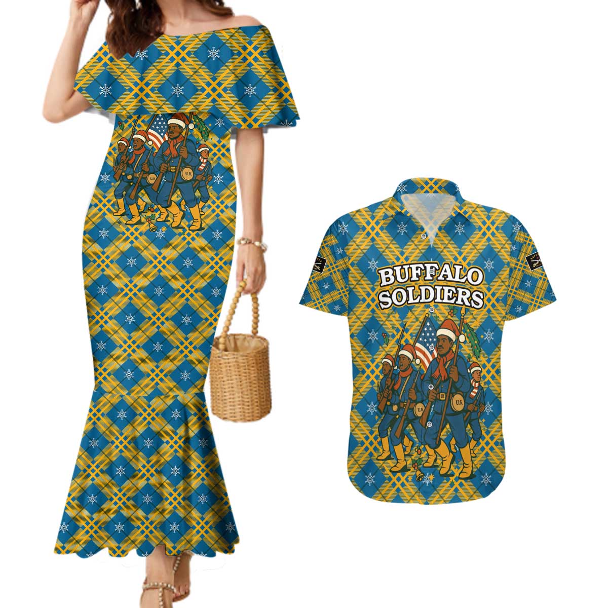 Buffalo Soldiers Christmas Couples Matching Mermaid Dress and Hawaiian Shirt with Blue Yellow Plaid Parade Illustration Design - Wonder Print Shop