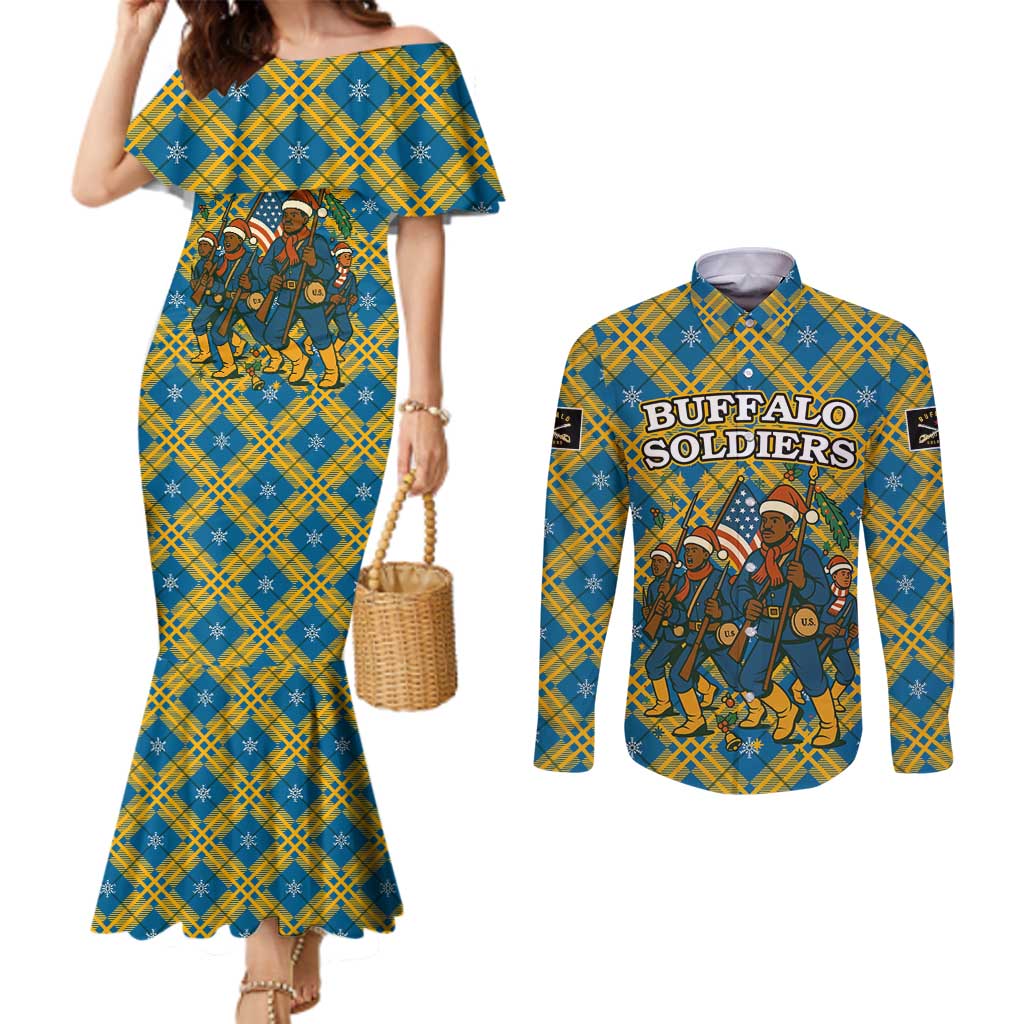 Buffalo Soldiers Christmas Couples Matching Mermaid Dress and Long Sleeve Button Shirt with Blue Yellow Plaid Parade Illustration Design - Wonder Print Shop