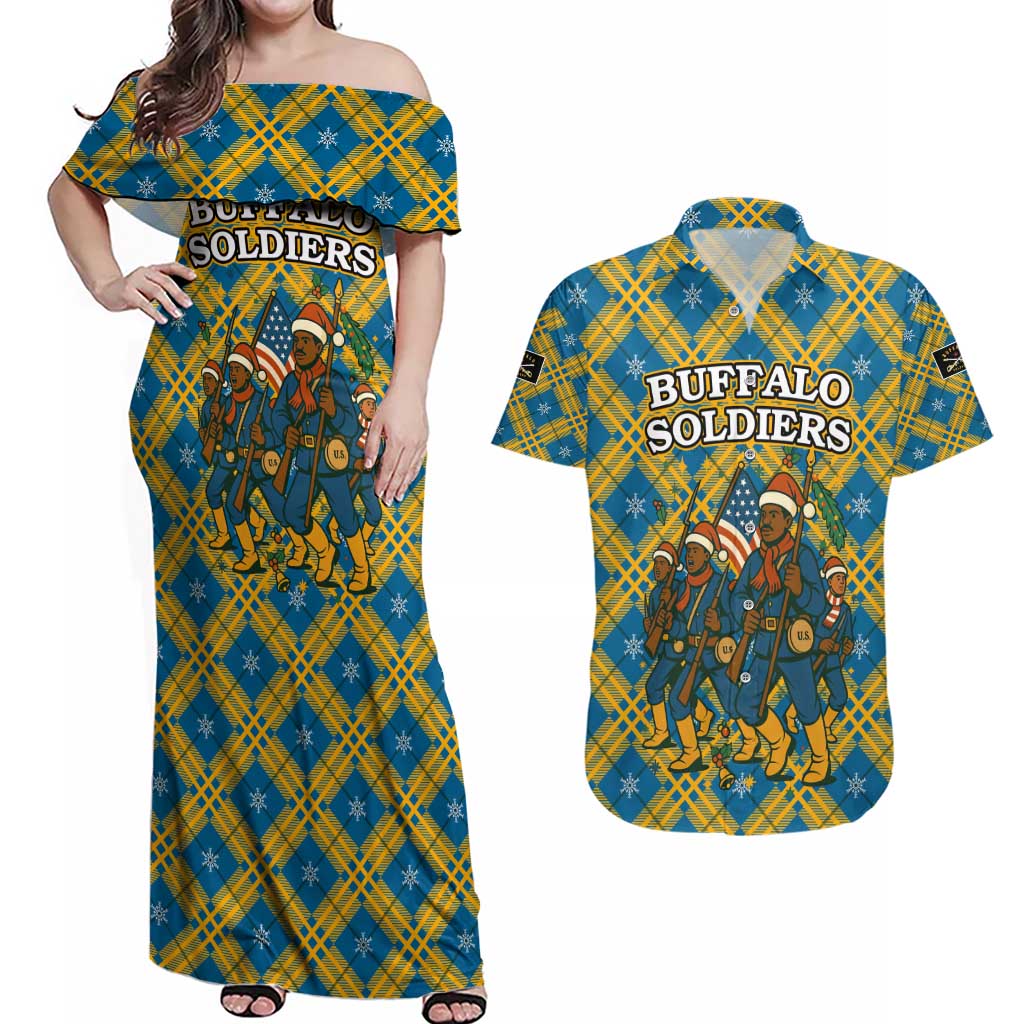 Buffalo Soldiers Christmas Couples Matching Off Shoulder Maxi Dress and Hawaiian Shirt with Blue Yellow Plaid Parade Illustration Design - Wonder Print Shop