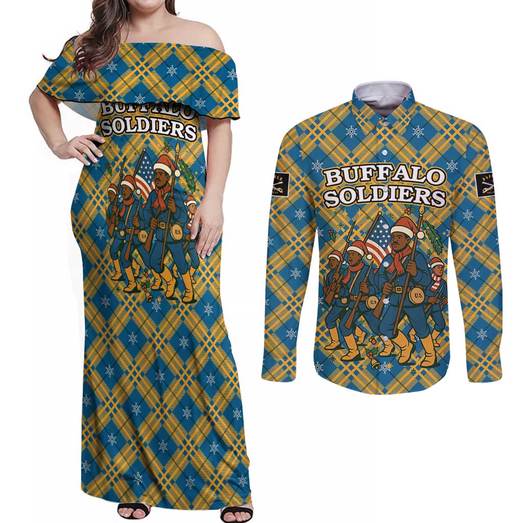 Buffalo Soldiers Christmas Couples Matching Off Shoulder Maxi Dress and Long Sleeve Button Shirt with Blue Yellow Plaid Parade Illustration Design - Wonder Print Shop
