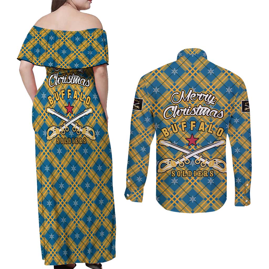 Buffalo Soldiers Christmas Couples Matching Off Shoulder Maxi Dress and Long Sleeve Button Shirt with Blue Yellow Plaid Parade Illustration Design - Wonder Print Shop