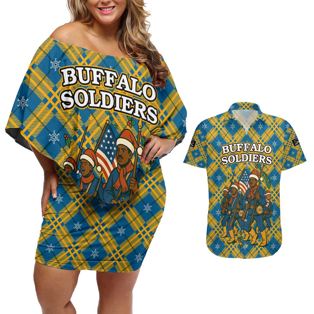 Buffalo Soldiers Christmas Couples Matching Off Shoulder Short Dress and Hawaiian Shirt with Blue Yellow Plaid Parade Illustration Design - Wonder Print Shop