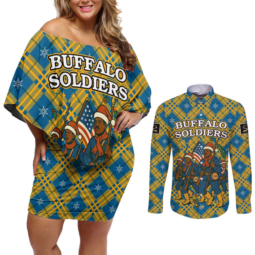 Buffalo Soldiers Christmas Couples Matching Off Shoulder Short Dress and Long Sleeve Button Shirt with Blue Yellow Plaid Parade Illustration Design - Wonder Print Shop