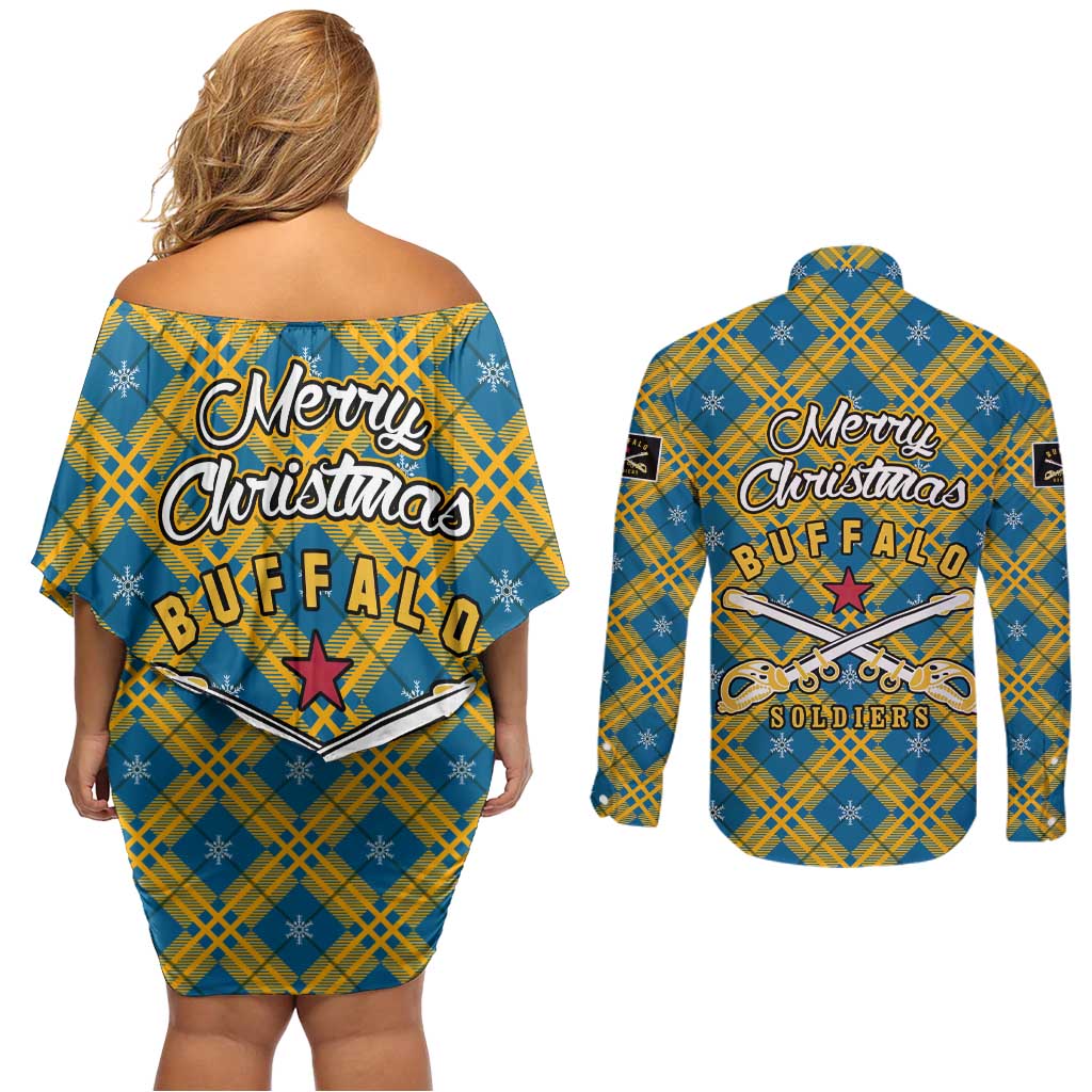 Buffalo Soldiers Christmas Couples Matching Off Shoulder Short Dress and Long Sleeve Button Shirt with Blue Yellow Plaid Parade Illustration Design - Wonder Print Shop