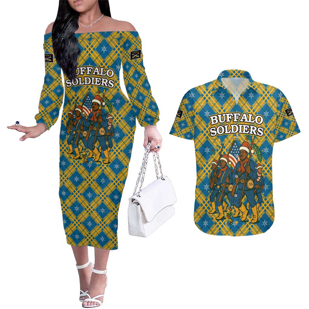 Buffalo Soldiers Christmas Couples Matching Off The Shoulder Long Sleeve Dress and Hawaiian Shirt with Blue Yellow Plaid Parade Illustration Design - Wonder Print Shop