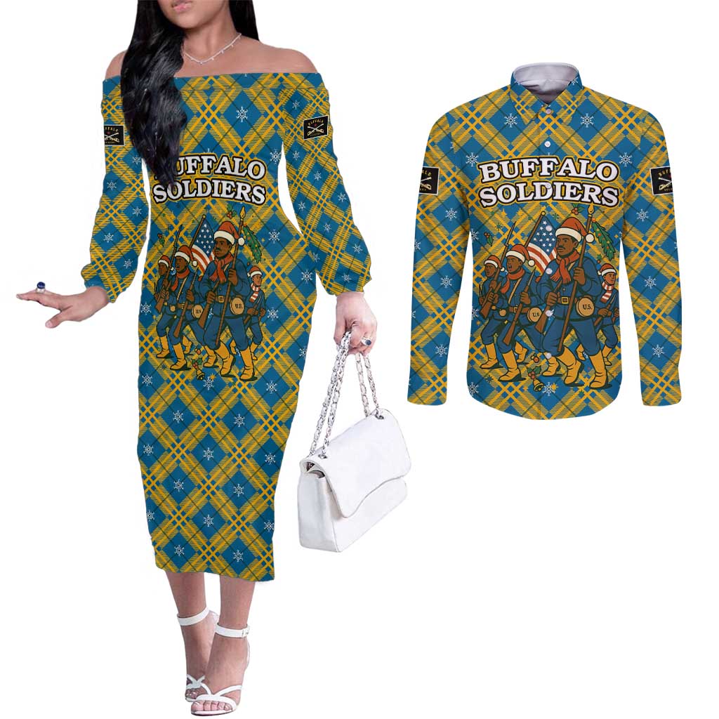 Buffalo Soldiers Christmas Couples Matching Off The Shoulder Long Sleeve Dress and Long Sleeve Button Shirt with Blue Yellow Plaid Parade Illustration Design - Wonder Print Shop