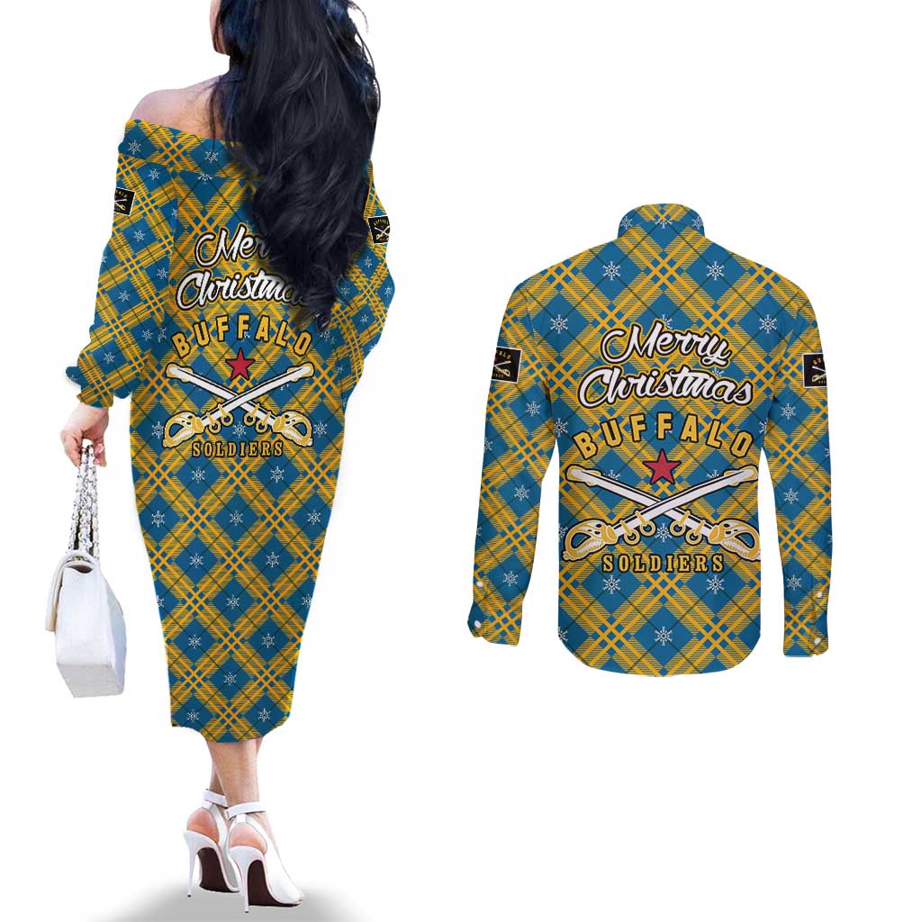 Buffalo Soldiers Christmas Couples Matching Off The Shoulder Long Sleeve Dress and Long Sleeve Button Shirt with Blue Yellow Plaid Parade Illustration Design - Wonder Print Shop