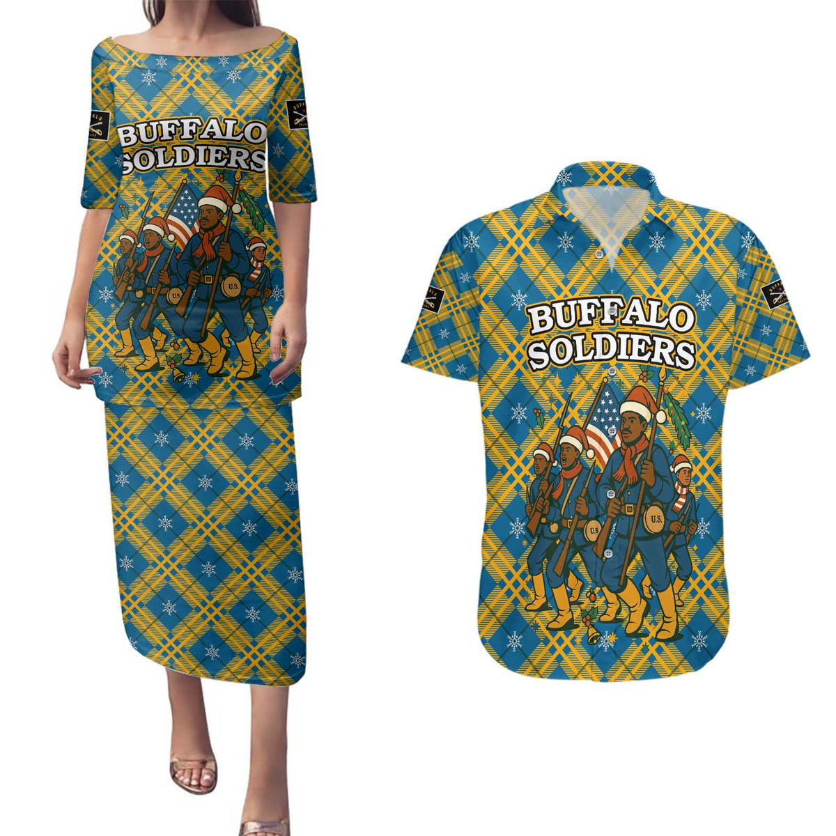 Buffalo Soldiers Christmas Couples Matching Puletasi and Hawaiian Shirt with Blue Yellow Plaid Parade Illustration Design - Wonder Print Shop