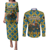 Buffalo Soldiers Christmas Couples Matching Puletasi and Long Sleeve Button Shirt with Blue Yellow Plaid Parade Illustration Design - Wonder Print Shop