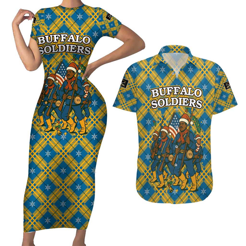 Buffalo Soldiers Christmas Couples Matching Short Sleeve Bodycon Dress and Hawaiian Shirt with Blue Yellow Plaid Parade Illustration Design - Wonder Print Shop