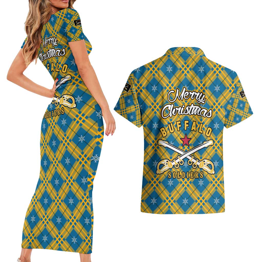 Buffalo Soldiers Christmas Couples Matching Short Sleeve Bodycon Dress and Hawaiian Shirt with Blue Yellow Plaid Parade Illustration Design - Wonder Print Shop