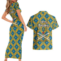 Buffalo Soldiers Christmas Couples Matching Short Sleeve Bodycon Dress and Hawaiian Shirt with Blue Yellow Plaid Parade Illustration Design - Wonder Print Shop